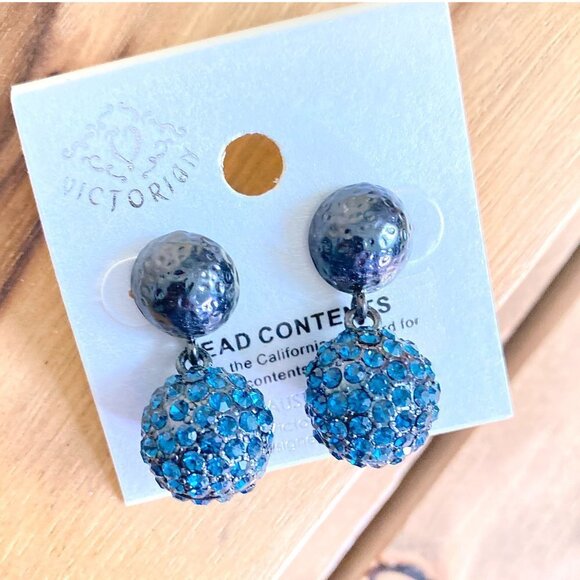 NWT Vintage‎ Victorian Austrian Crystal Earrings Globes Sparkle Blue Pierced - Picture 1 of 6